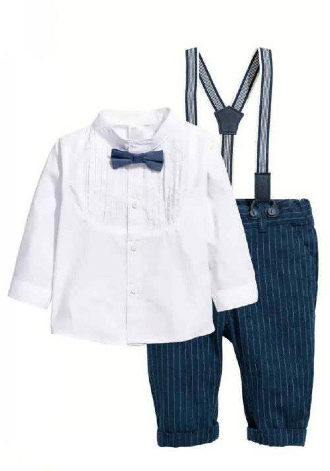 پیراهن سفید به همراه پاپیون و شلوار آبی، یک انتخاب عالی برای لباس مجلسی پسر بچه ها